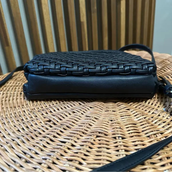Anthropologie Black Faux Leather Woven Crossbody Bag Adjustable Strap - Image 4