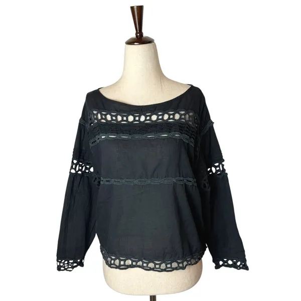 Pam &‎ Gela Shirt Women Small Black Cotton Crochet Lace Top Boho Peasant Gothic - Image 2