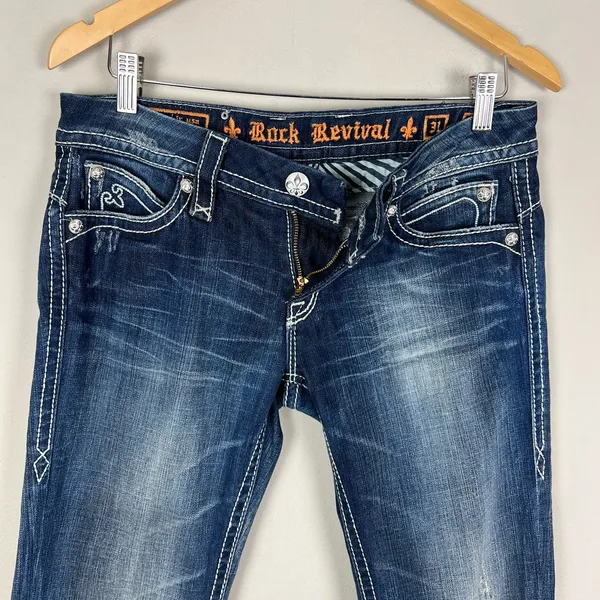 Y2K Rock Revival Sasha‎ Boot Jeans Womens 31 Dark Wash Denim Flap Rhinestones - Image 6
