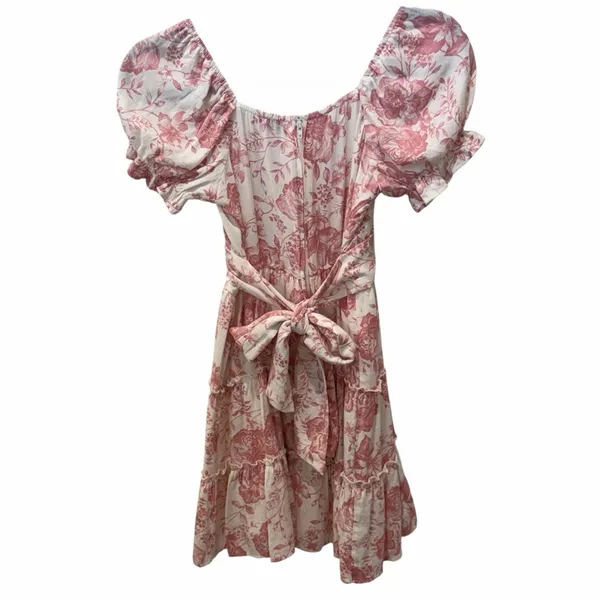 Francesca’s Mi Ami Toile Floral Puff Sleeve Tiered Mini Dress Pink + White XS - Image 5