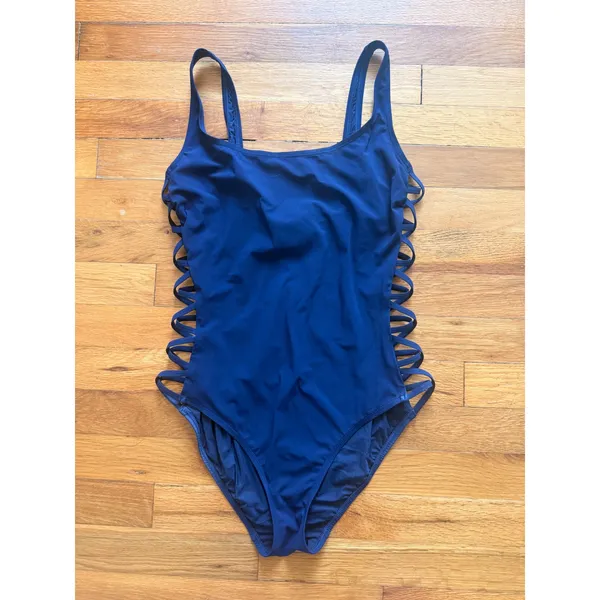 Tory Burch One Piece Swimsuit Navy‎ Blue Lattice Side Strappy Size Medium - Image 2