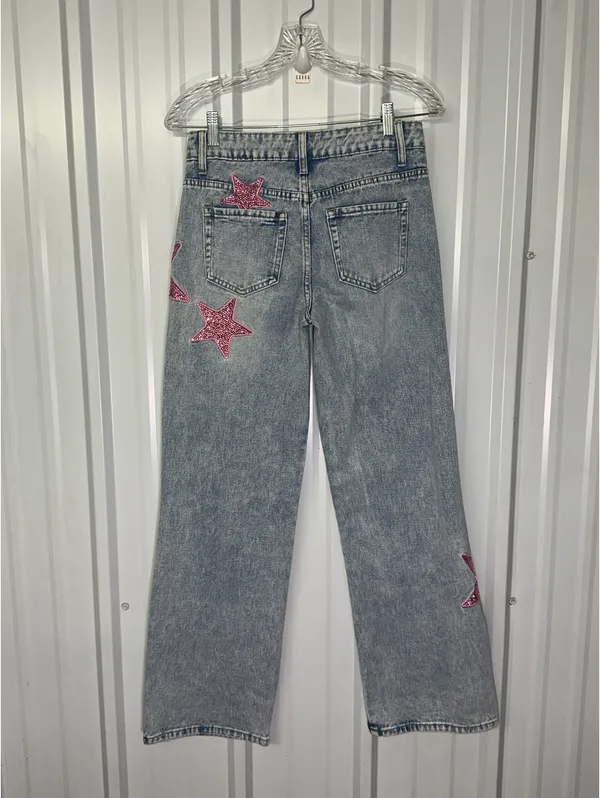 Y2K Barbiecore Pink Rhinestone Star Wide Leg Jeans Bedazzled Festival Glam - Image 3