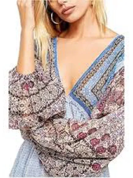 Free People $128 Aliyah Tunic Blouse Top S geometric print floral balloon sleeve - Image 3