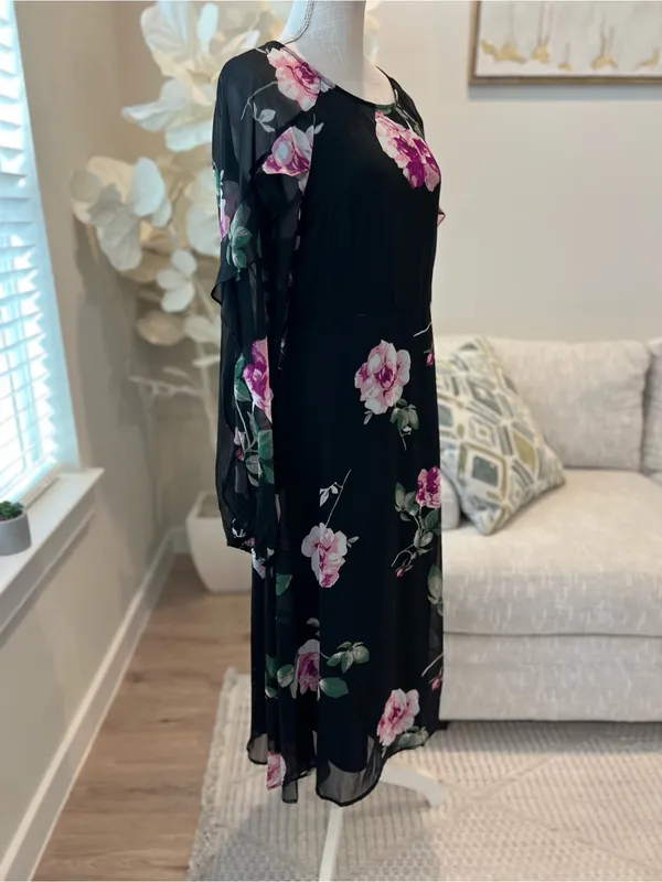 Lulus Once And Flor All Black Floral Print Long Sleeve Woman’s Midi Dress size L - Image 5
