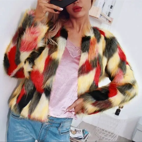 Faux Fur Coat Shabby Chic Boutique Lined Thick Fluffy Red Brown Tan Black Fur - Image 6