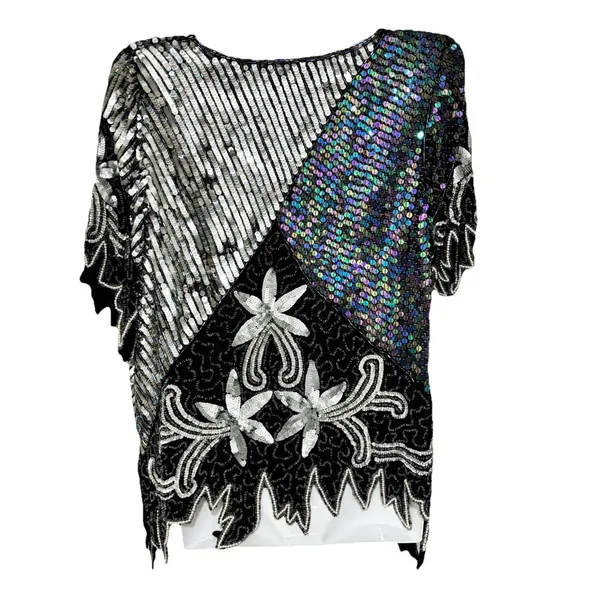 Vtg Scala Beaded Sequin Top Black Silver Embellished Blouse Size Large - Image 2