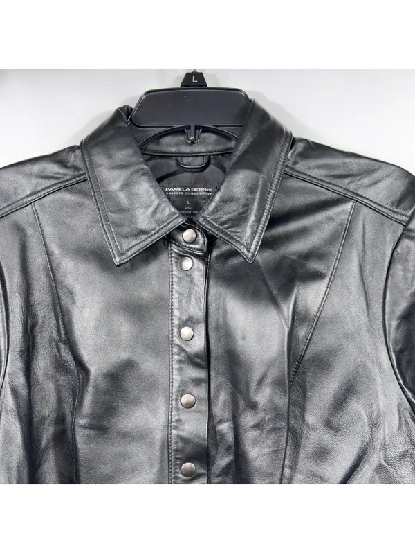 Pamela Dennis L Black Genuine Leather Snap Front Jacket Size L - Image 2
