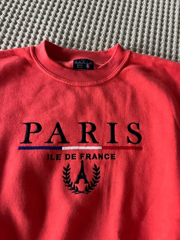 Paris Sunday Red Paris sweatshirt with black text reading 'PARIS' and 'ILE DE FRANCE' with a laurel wreath and Eiffel Tower graphic #paris #france - Image 2