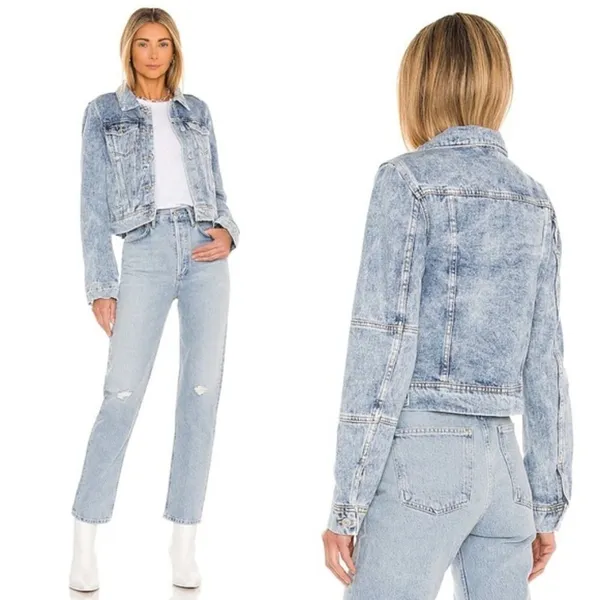 Free People Blue Acid Wash Denim Trucker Jacket M‎ - Image 2