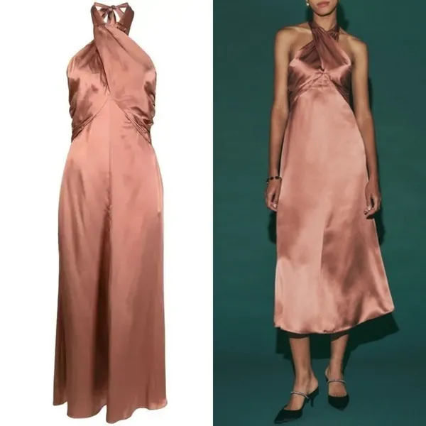 Reformation Maddison Silk Dress Praline Pink Brown Halter Midi Womens 12 NEW - Image 2