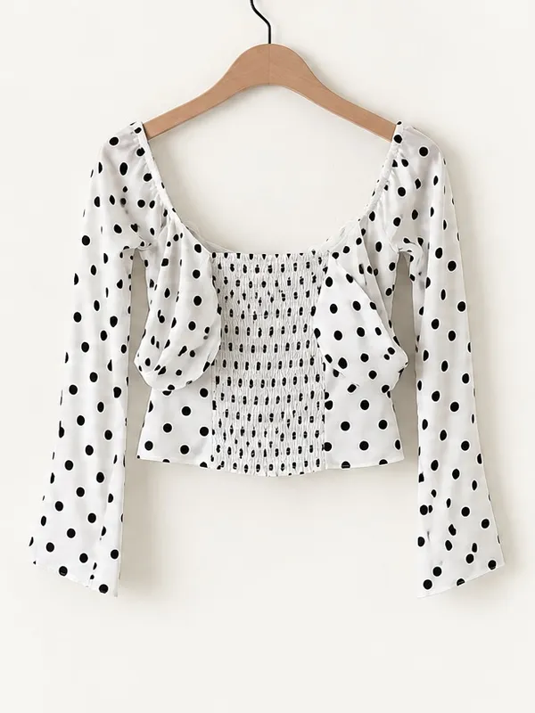 Reformation Ivory With Black Polka Dot Satin Wrap Cropped Long Bell Sleeve Top - Image 5