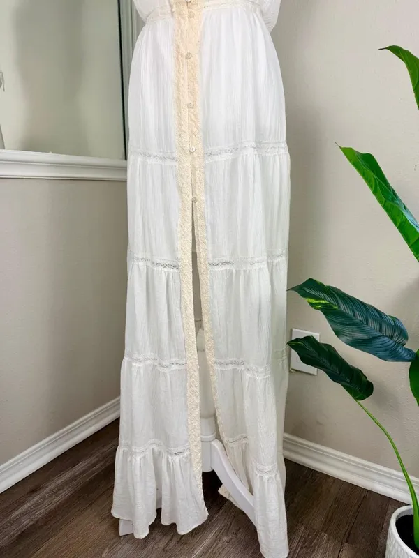 A.Peach White Boho Maxi Dress Womens Large Lace Button Front - Image 11