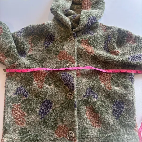 DUFFEL Made in‎ America Long Sleeve Hooded Button Up Grape Print Sweater Small - Image 3