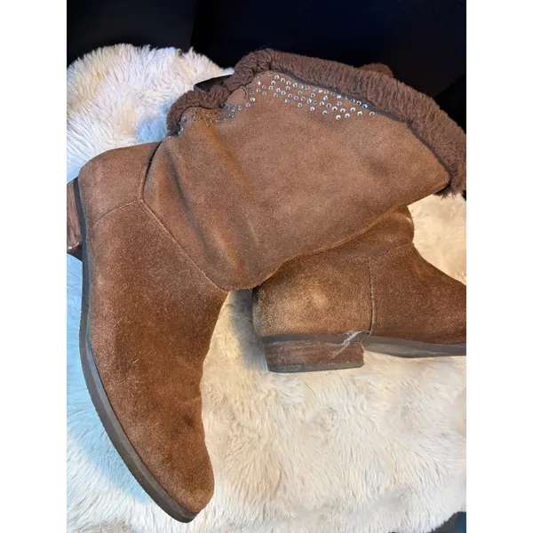 Top Gloria Brown Suede Faux Fur Rhinestone Toggle Mid Calf Boots Size 37 - Image 4