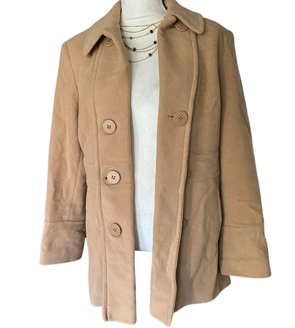 Gallery Camel Tan Color Wool Blend Pea Coat Size M Fall Winter - Image 2