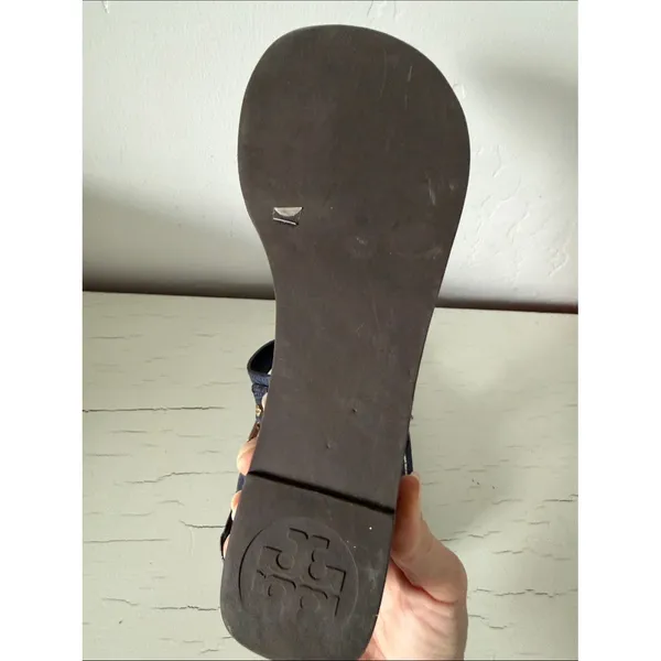 Tory Burch Leather Thong Sandals Women's 9.5 Navy Croc Embossed Gold Buckle - Image 5