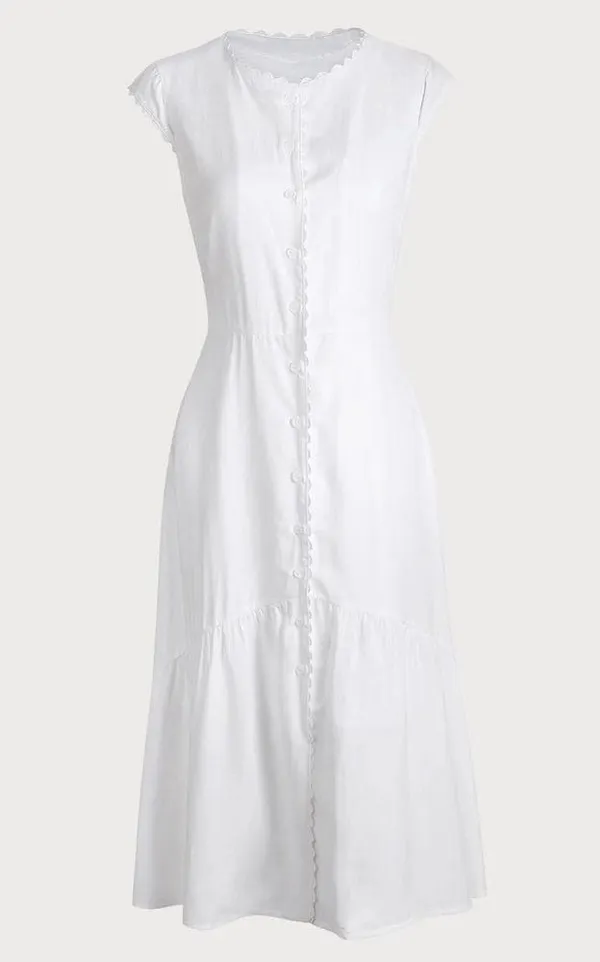 Rihoas Solid White Color Lapel Midi Dress - Image 7