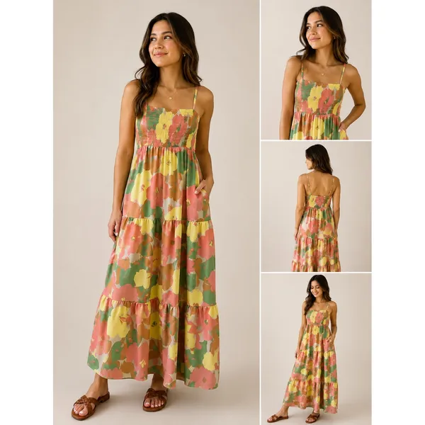 Floral Tiered Maxi Dress Pink‎ Yellow Green Smocked Back Pockets Sleeveless - Image 2
