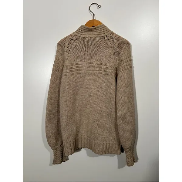 Vintage 100% Wool Sweater Eddie Bauer Tan Zip-Up Cardigan Pockets Size Medium - Image 3