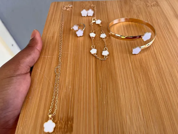 Gold & White Clover Floral Jewelry Set - Necklace, Bracelet, Ring, Earrings - Image 2