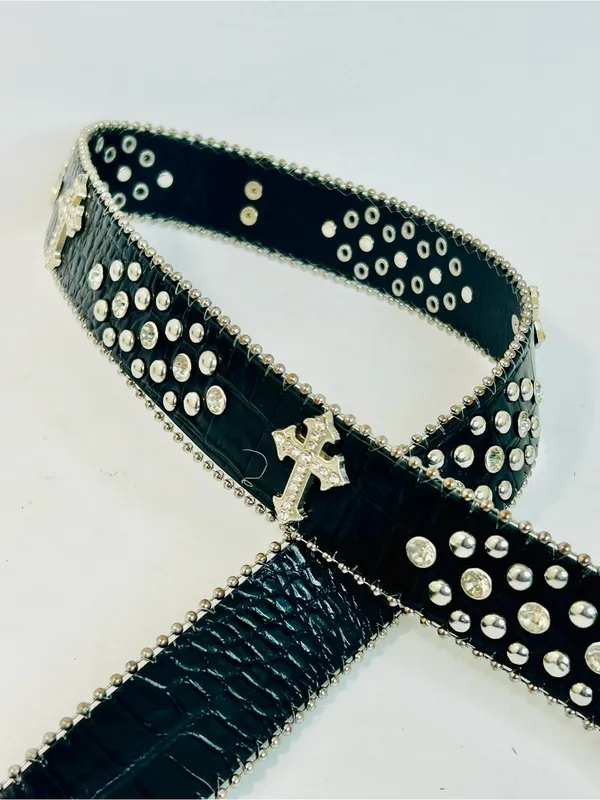 Western Black Leather Belt with Crystal Studded Rhinestones, Engraved Buckke - Image 7