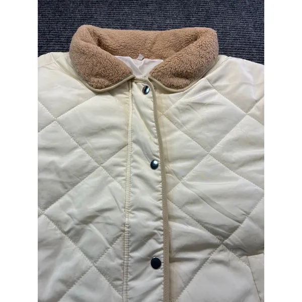 Womens Cream Diamond Quilted Puffer Jacket Tan Fleece Collar Casual Preppy Small - Image 2