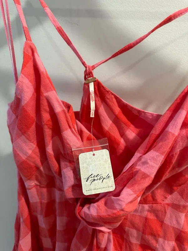FREE PEOPLE Via Gingham Cotton Seersucker Sundress Red Combo Everly Small NWT - Image 6