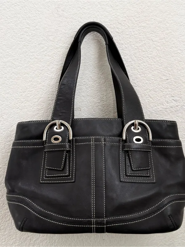 Vintage Y2K COACH F10911 Soho Carryall Satchel Black Leather Contrast Stitching - Image 8