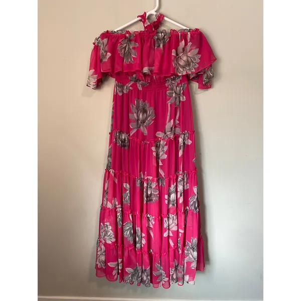 MISA Los Angeles Pink Gray Floral Off Shoulder Tiered Maxi Dress S - Image 2