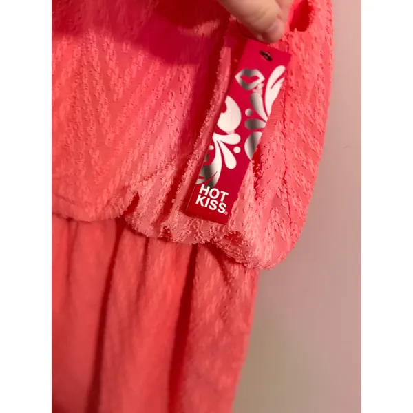 Hot Kiss Coral Chevron Textured Elastic Waist Spaghetti Strap Mini Dress‎ L - Image 3