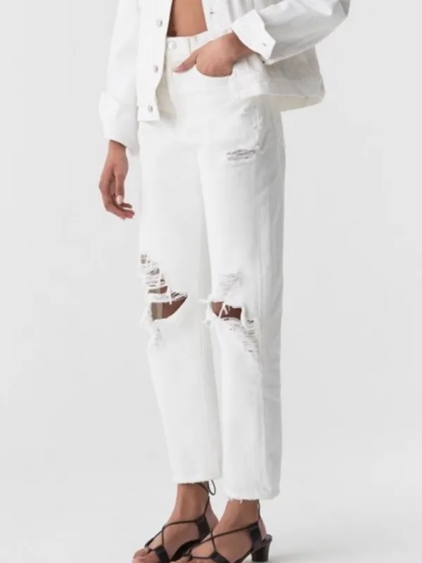 AGOLDE Women’s 90’s Straight Leg White Enamel Denim Distressed Button Fly Jeans - Image 15