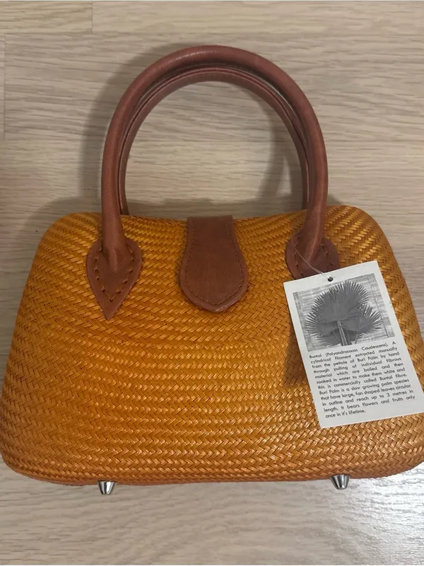 Woven Mini Satchel Handbag in Golden Brown - Image 2