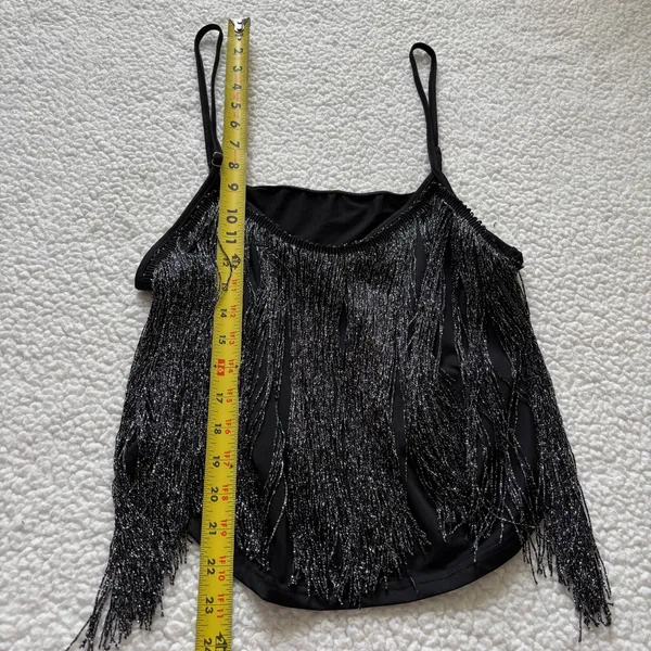 Black Metallic Shimmer Fringe Cami Tank Top XXL Festival coachella rave Goth Y2K - Image 4