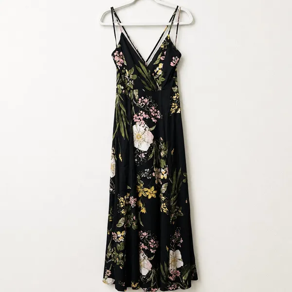 NEW Lulus Black Floral Satin Surplice V-Neck Strappy Back Maxi Dress, Large - Image 3