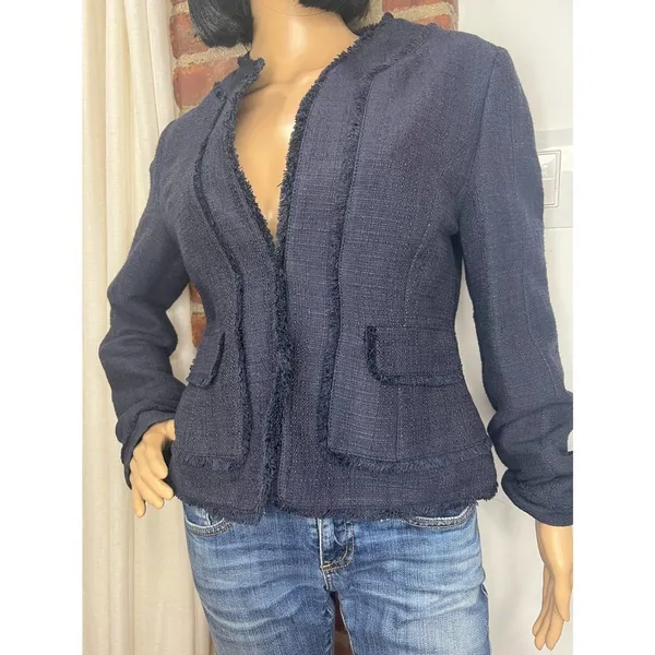 Ann Taylor Quiet Luxury Navy Tweed Fringe Jacket Blazer Size 4 - Image 3