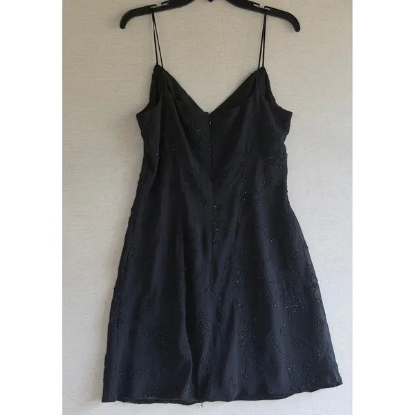 JSC Vintage 90s Black Beaded Floral Mini Dress Spaghetti Strap Size 14 Wrap Neck - Image 13