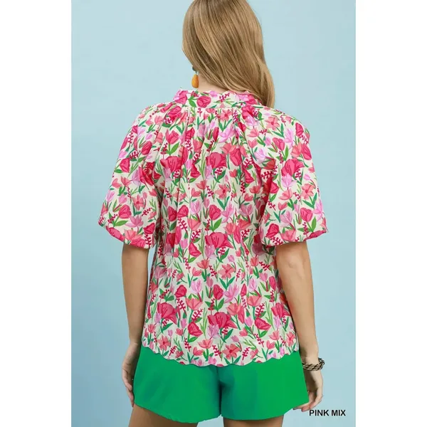 Umgee Floral Puff Sleeve Blouse with Scalloped Details - Medium‎ - Image 3