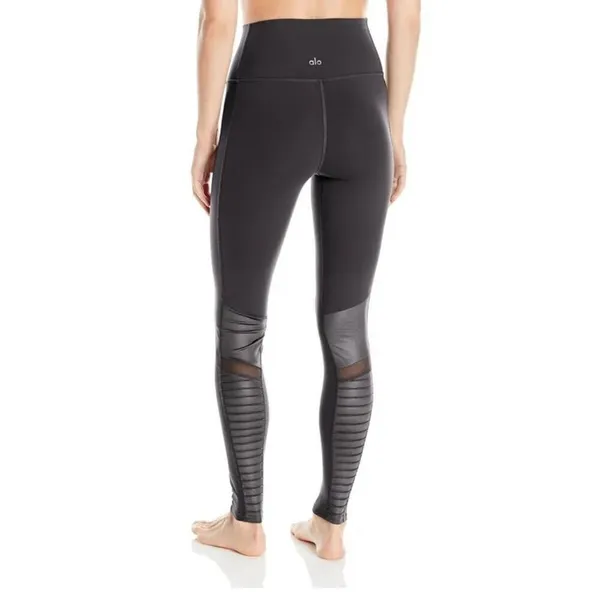 Alo Yoga Womens Flat Front High Waist Mesh Moto Panels Active Leggings Black Siz - Image 4