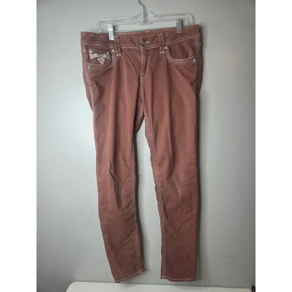 Rock Revival Ankle Skinny Women’s 31 Brown Embroidered Rhinestone Denim Jeans - Image 2