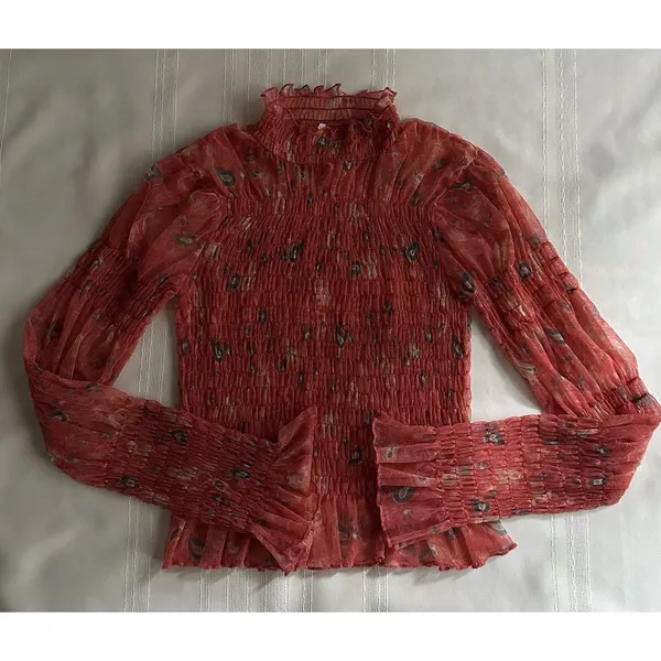 Free People Hello There Floral Sheer Mesh Mock Neck Bell Sleeve Blouse Sz S EUC - Image 8