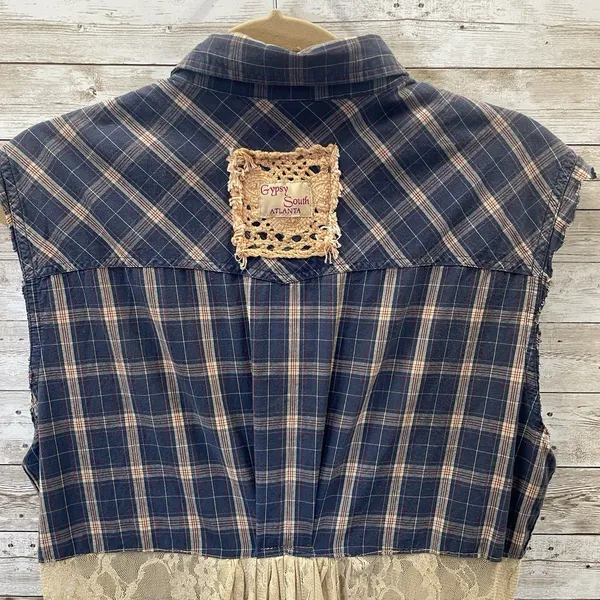 Vtg Gypsy South Atlanta L Reworked Sleeveless Plaid Lace Tunic Vest & Shirt Y2K‎ - Image 12