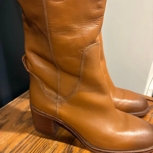 Zara Leather Knee High Block Heel Pull On Boots - Image 3