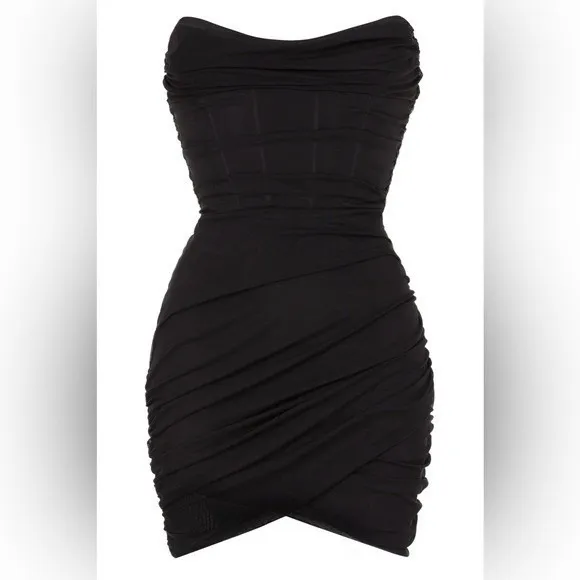 Leau Caro Corset Mini Dress Size Small‎ Black Strapless Ruched Bodycon Mesh - Image 2