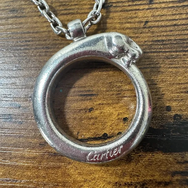 Cartier Silver Metal Panther Circle Keychain Bag Charm Engraved Pendant - Image 11