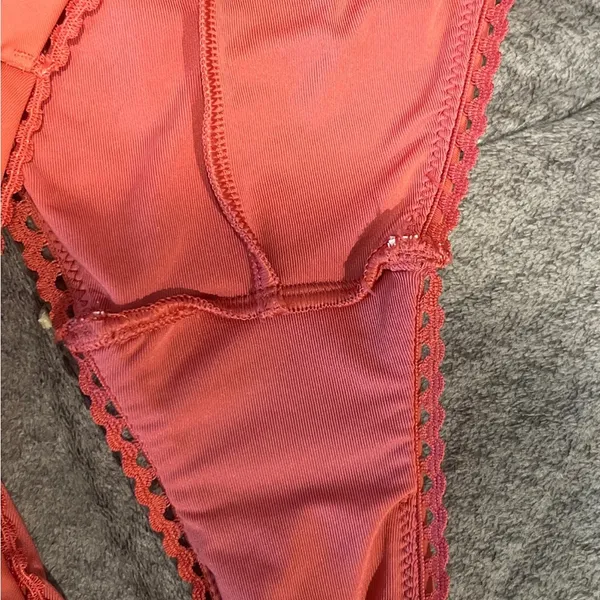 Aerie Crochet Lace Trim V Neck Back High Cut One Piece Swimsuit Rust Orange M - Image 9
