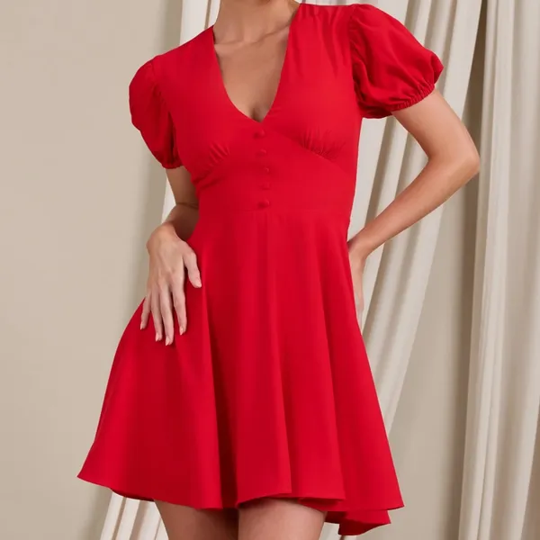 Club L red v neck puff sleeved buttoned mini dress - Image 8