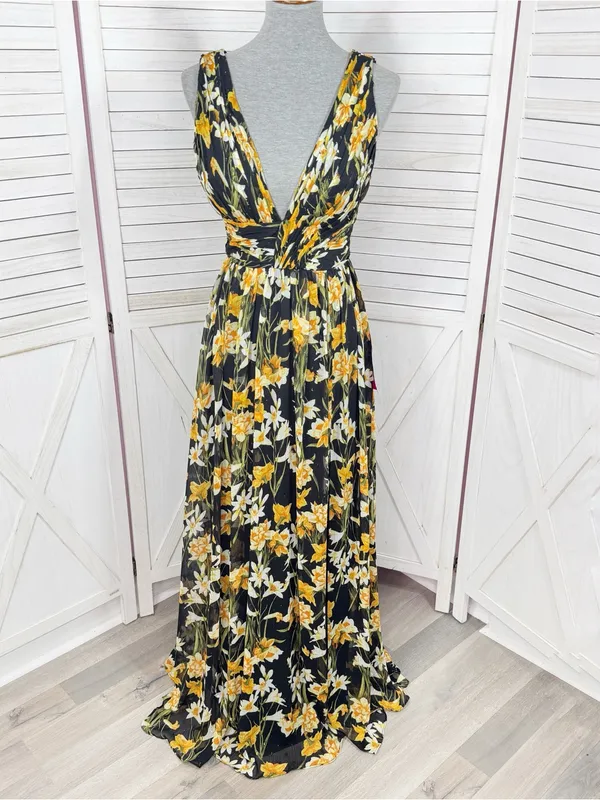 Aidan Mattox Floral Pleat V Neck Front Slit Formal Maxi Dress Black Yellow 8 - Image 2