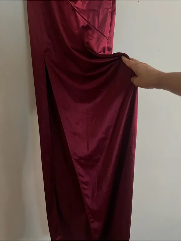 Honey and Rosie One-Shoulder Satin Dress in Burgundy - Image 5