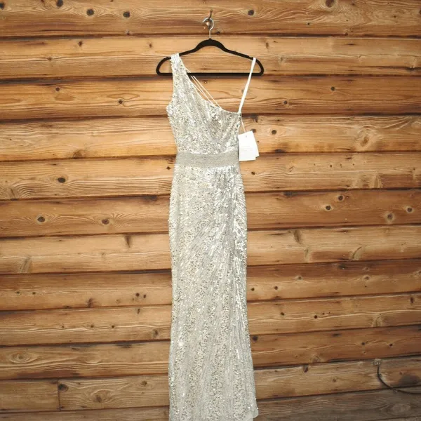 Mac Duggal 5687 SEQUINED ONE SHOULDER DRAPED LACE UP GOWN dress Silver 8 - Image 6