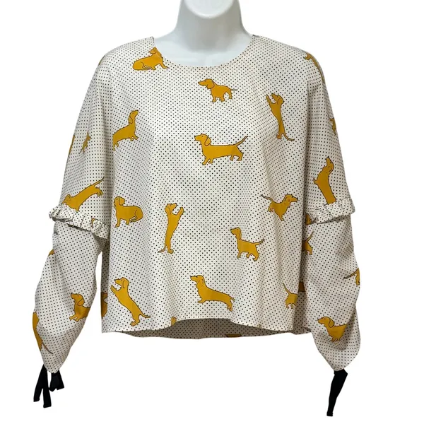 Zara Woman‎ Dachshund Dog Polka Dot Blouse Cream Yellow Small Ruffle Tie Sleeve - Image 2